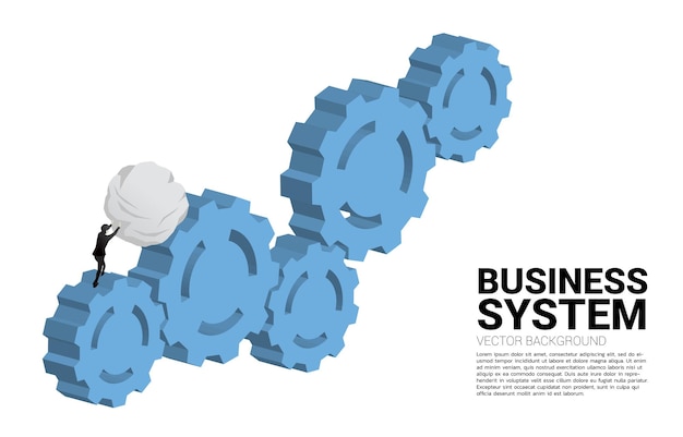 Silhueta do empresário empurrando a pedra no conceito de grande engrenagem de gestão e controle de negócios