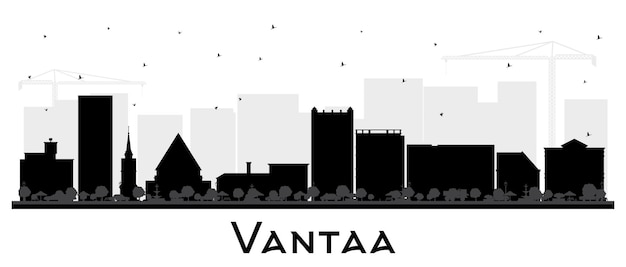 Vetor silhueta do horizonte da cidade de vantaa, na finlândia, com edifícios pretos isolados em uma paisagem urbana branca de vantaa com marcos conceito de negócios e turismo com arquitetura moderna e histórica