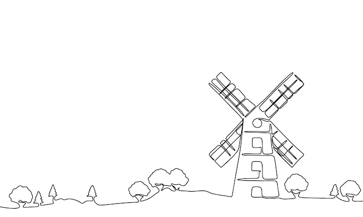 Vetor silhueta do moinho retrô banner de conceito contínuo de uma linha com paisagem com linha de contorno do moinho