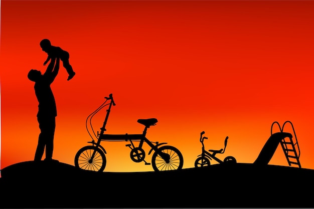 Vetor silhueta do pai se divertir com seus filhos, triciclo de slide e bicicleta dobrável no parque quando sunse