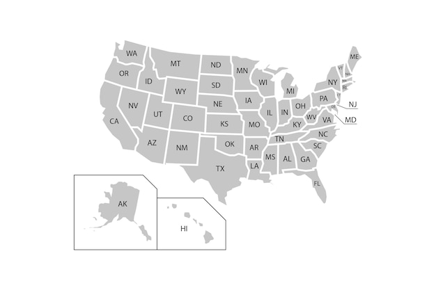 Silhueta dos eua do mapa do estado em estilo plano contorno isolado do vetor