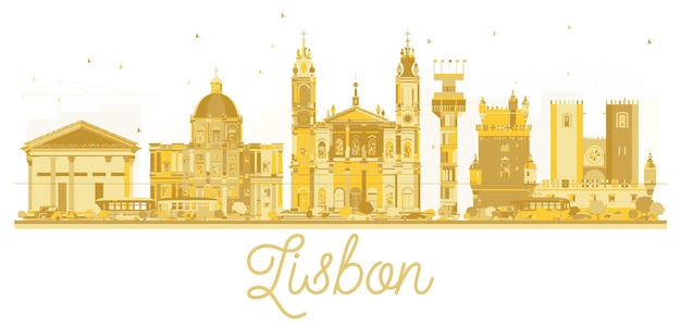 Silhueta dourada do horizonte da cidade de lisboa. ilustração vetorial. paisagem urbana com monumentos.