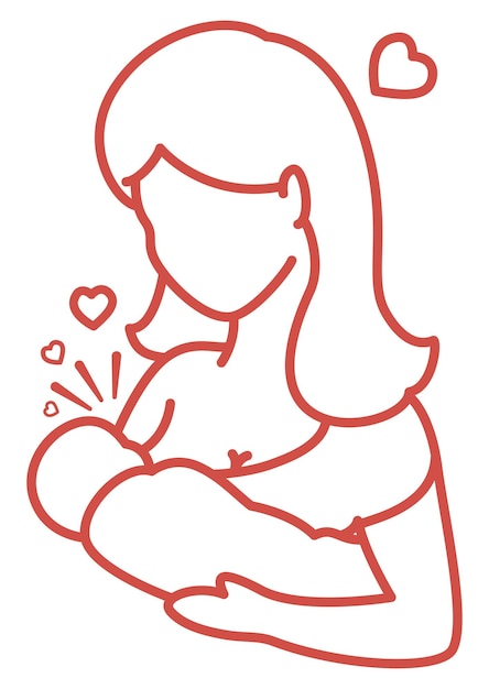Silhueta em contornos estilo de mulher amamentando seu bebê e expressando amor com corações voadores