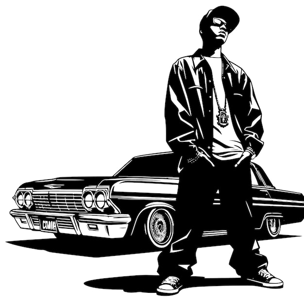 Vetor silhueta em preto e branco de um rapper de hip-hop posando na frente de um chevrolet impala