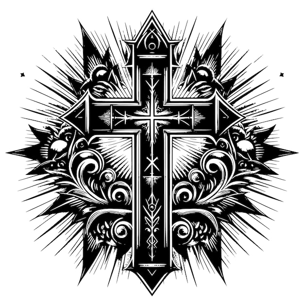 Vetor silhueta em preto e branco de uma ilustração abstrata de uma cruz