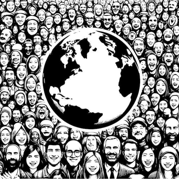 Vetor silhueta em preto e branco de uma multidão de pessoas em todo o mundo diferentes etnias diversificação