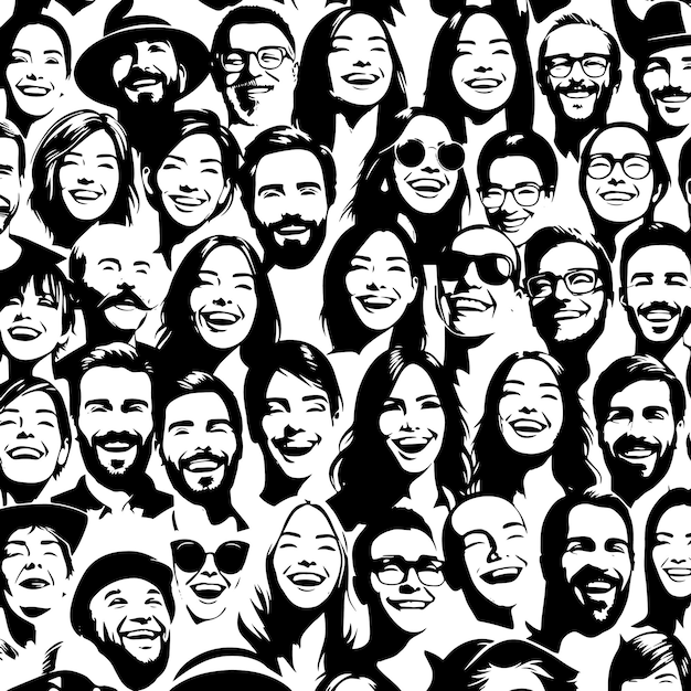 Vetor silhueta em preto e branco de uma multidão de pessoas em todo o mundo em diferentes etnias e diversificação