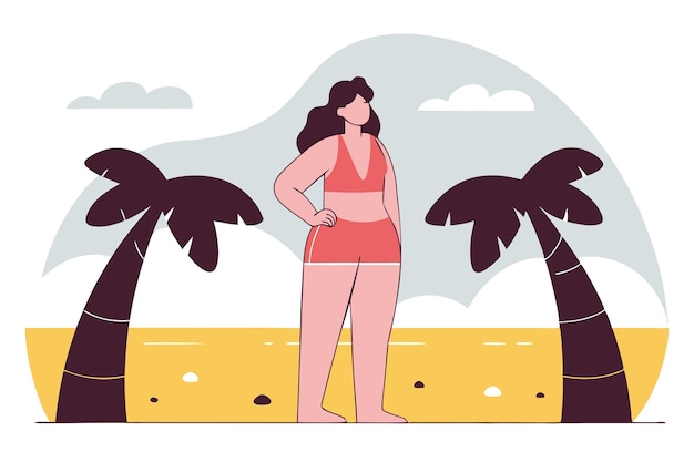 Silhueta feminina em fato de banho em meio a uma paisagem tropical com palmeiras Férias de verão