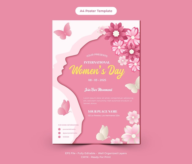 Silhueta floral ilustração de cabeça de mulher pôster do dia internacional da mulher modelo de cor rosa