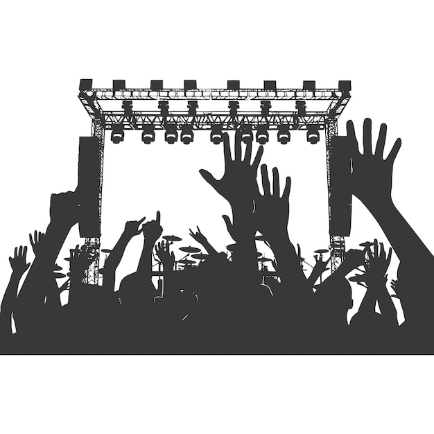 Vetor silhueta mãos levantadas em um festival de música cor preta só