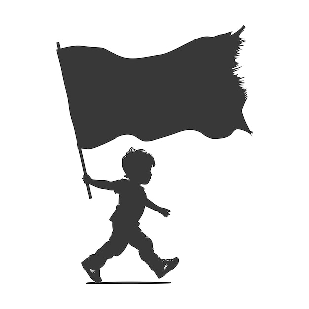 Silhueta menino correu enquanto carregava uma bandeira preta simples