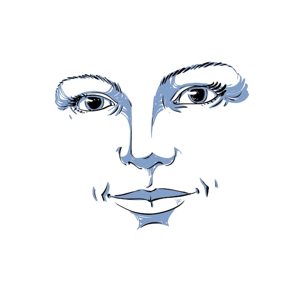Vetor silhueta monocromática desenhada à mão de rosto de mulher romântica, características delicadas. expressão do rosto no rosto da senhora, ilustração vetorial.