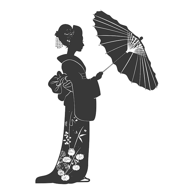 Vetor silhueta mulheres japonesas independentes vestindo kimono com guarda-chuva de cor preta apenas