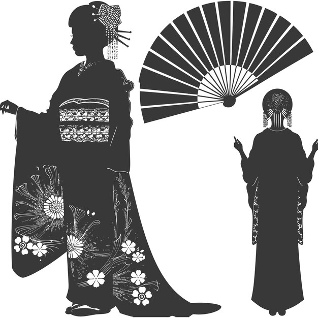 Vetor silhueta mulheres japonesas independentes vestindo kimono só de cor preta
