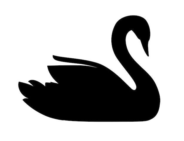 Silhueta negra cisne maior pássaro voador nadar na água dos desenhos animados animal design ilustração em vetor plana isolada no fundo branco.