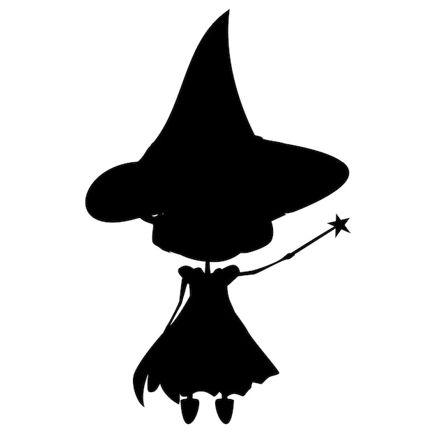 Silhueta negra de feiticeira em vestido e chapéu de bruxas e varinha mágica na mão isolado no elemento de design de fundo branco