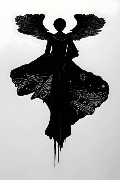 Silhueta negra de uma mulher como anjo no fundo branco