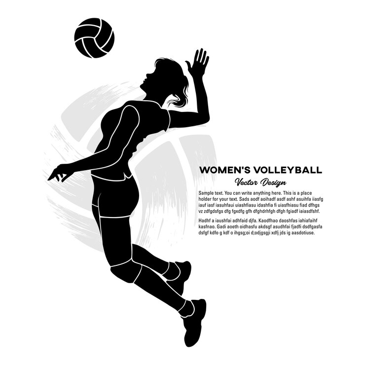 Vetor silhueta negra do jogador de vôlei feminino pulando e batendo na bola. ilustração vetorial