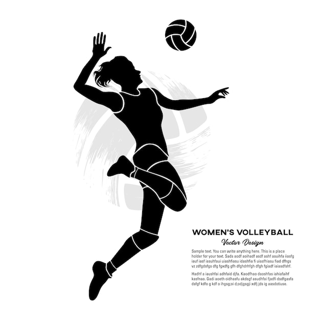 Silhueta negra jogador de vôlei feminino pulando para acertar a bola. ilustração vetorial