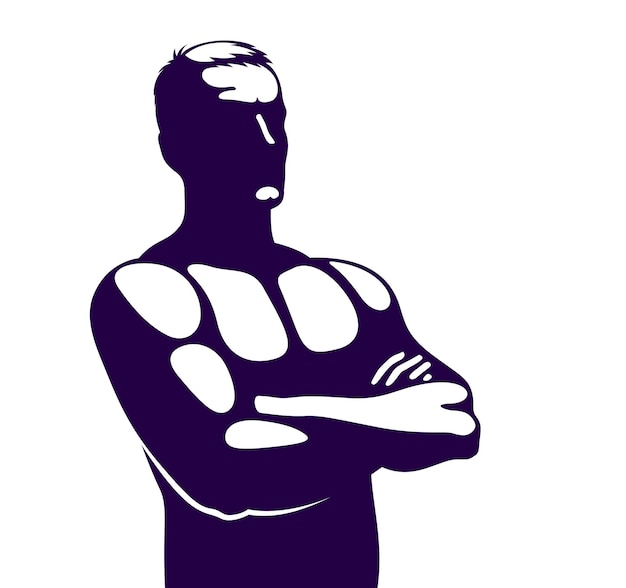 Silhueta perfeita de homem forte com as mãos cruzadas em um logotipo ou ícone de vetor de peito.