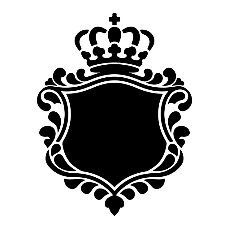 Vetor silhueta preta de escudo barroco com coroa isolada em fundo branco