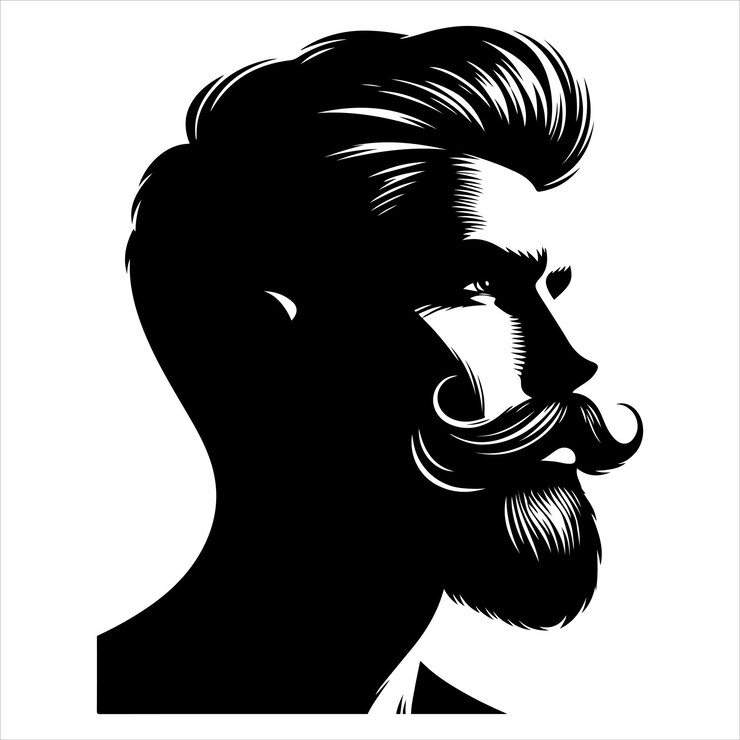 Vetor silhueta preta de um homem com uma barba cheia elegante e bigode grosso linhas limpas em um branco puro