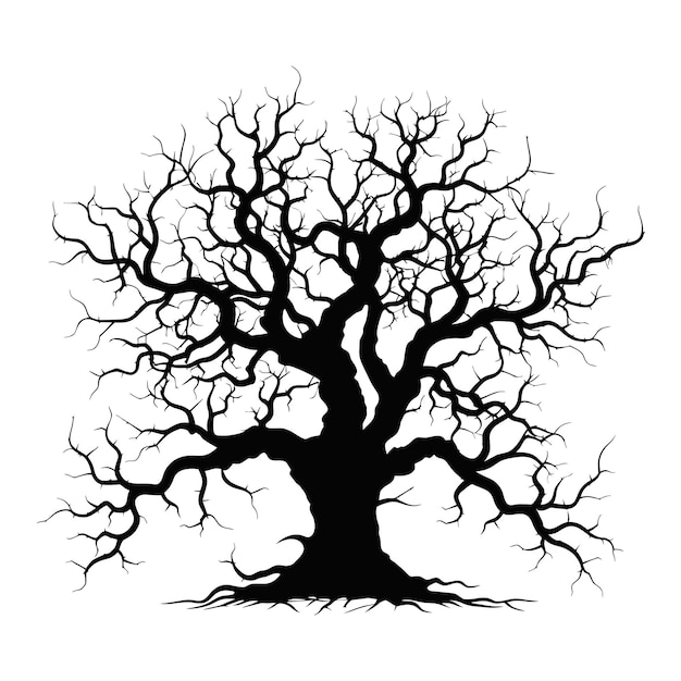 Silhueta preta de uma árvore seca retorcida em um fundo branco uma árvore sem folhas bruxaria sem vida árvore sombria halloween cemitério driftwood druidas goblin e bruxas vetor ilustração