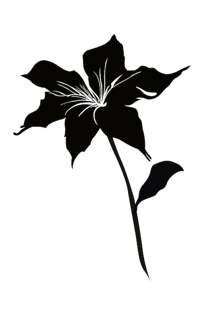 Silhueta preta de uma flor com folhas em um fundo branco