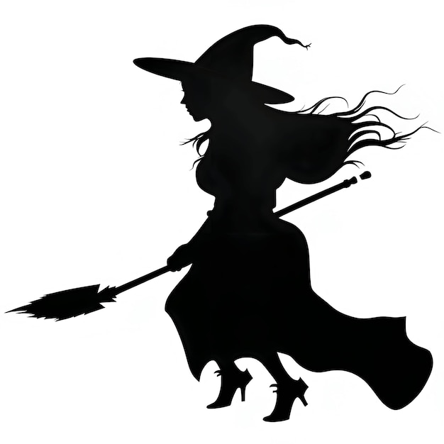 Vetor silhueta preta de uma jovem bruxa em fundo branco