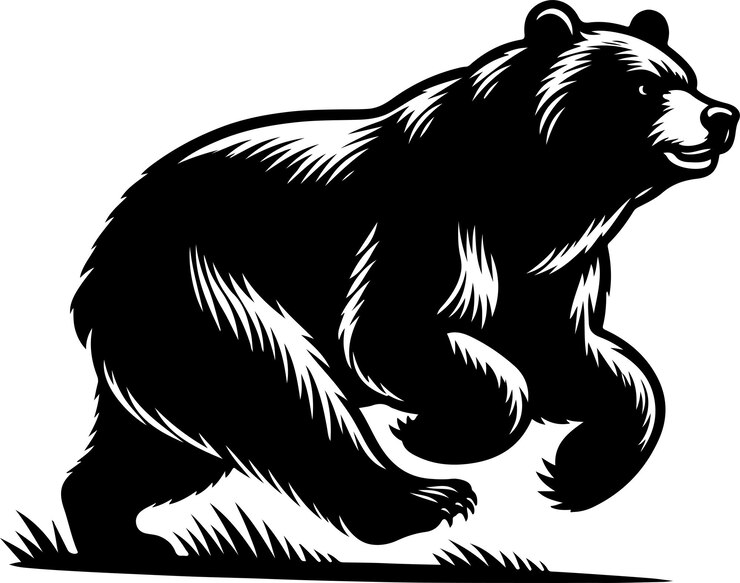 Vetor silhueta preta de urso correndo em fundo branco de ilustração vetorial