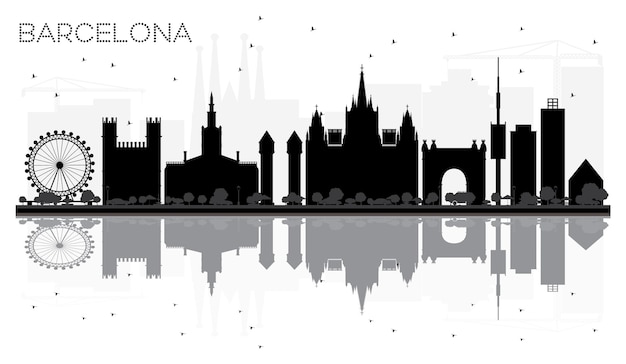 Silhueta preto e branco do horizonte da cidade de Barcelona com reflexos. Ilustração vetorial. Conceito plano simples para apresentação de turismo, banner, cartaz ou site da web. Paisagem urbana com monumentos.