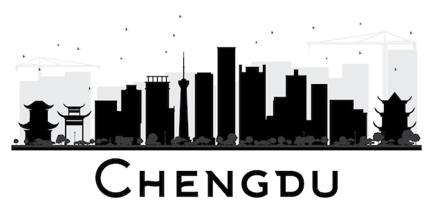 Silhueta preto e branco do horizonte da cidade de chengdu. ilustração vetorial. conceito plano simples para apresentação de turismo, banner, cartaz ou site da web. paisagem urbana com monumentos.