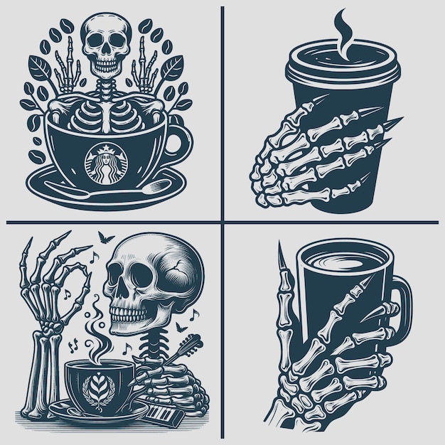 Silhueta vetorial de café esqueleto Svg Arquivo de pacote Esqueleto SVG Esqueleto Beber café Svg