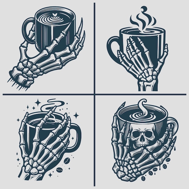 Silhueta vetorial de café esqueleto Svg Arquivo de pacote Esqueleto SVG Esqueleto Beber café Svg