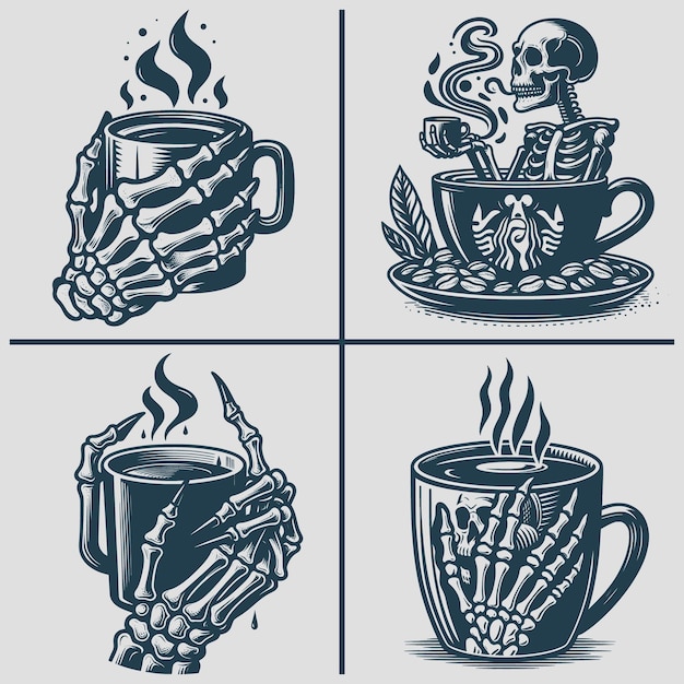 Silhueta vetorial de café esqueleto Svg Arquivo de pacote Esqueleto SVG Esqueleto Beber café Svg
