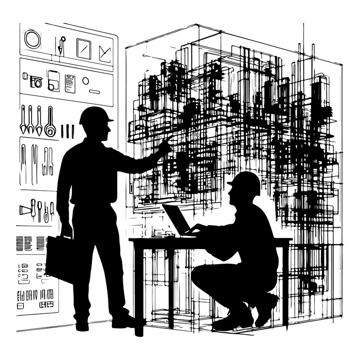 Vetor silhueta vetorial de um engenheiro que projeta um novo sistema para o uso eficiente de energia num edifício com