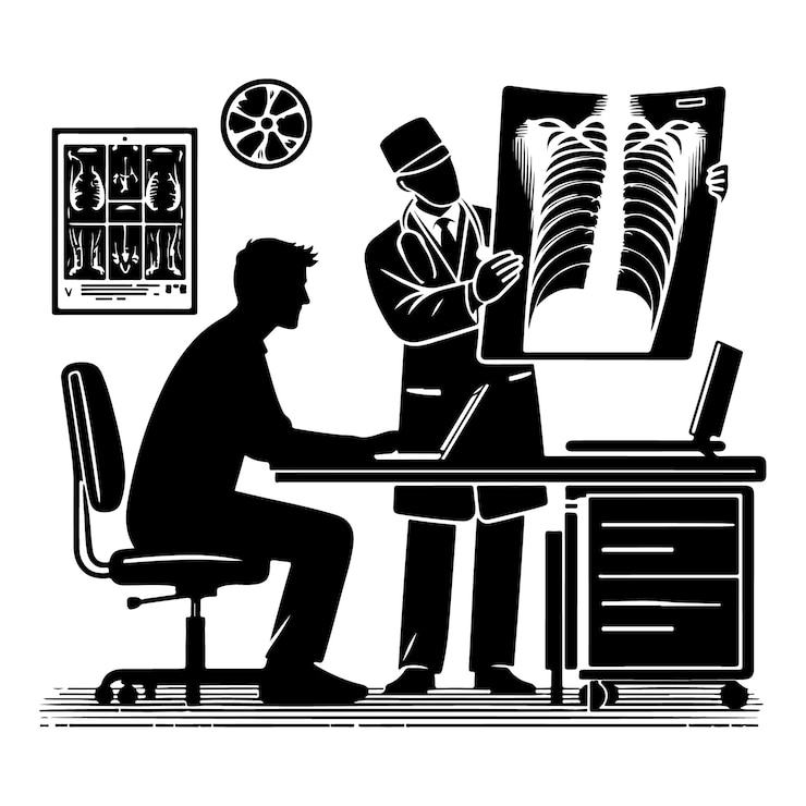 Vetor silhueta vetorial de um médico revisando x silhueta de raios com um paciente em uma sala de radiologia com