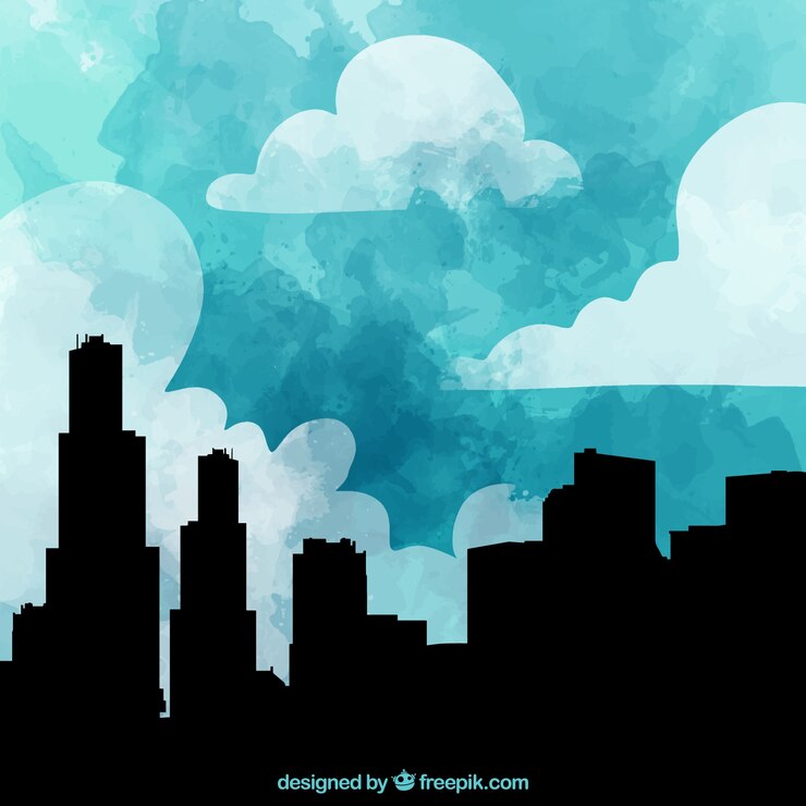 Vetor silhuetas da cidade e céu sujo