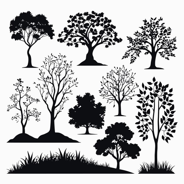 Vetor silhuetas de árvores desenhando coleção mão desenhada ilustração vetorial