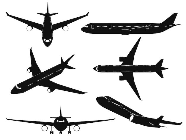 Silhuetas de avião. aviões de passageiros em diferentes ângulos, voando no topo do avião, lateral e vista frontal. transporte internacional viagem viagem aviação comercial aviões pretos vector conjunto isolado