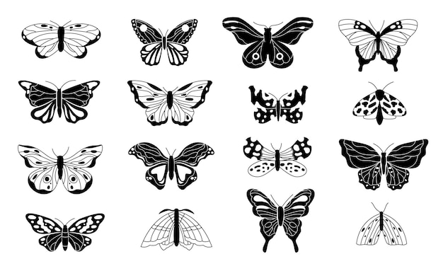 Silhuetas de borboletas esboços pretos de insetos alados voadores contornos de borboleta doodle monocromático para decoração de gravura de tatuagem conjunto isolado de vetor