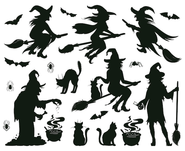 Vetor silhuetas de bruxa de halloween. senhoras bruxas mágicas com vassoura, chapéus e morcegos, ilustração vetorial mágica de bruxas assustadoras. silhuetas de feiticeiros femininos. silhueta mágica de bruxa de halloween com cabo de vassoura