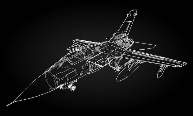Vetor silhuetas de caça a jato militar. imagem de aeronaves em contorno desenhando linhas. a estrutura interna da aeronave.