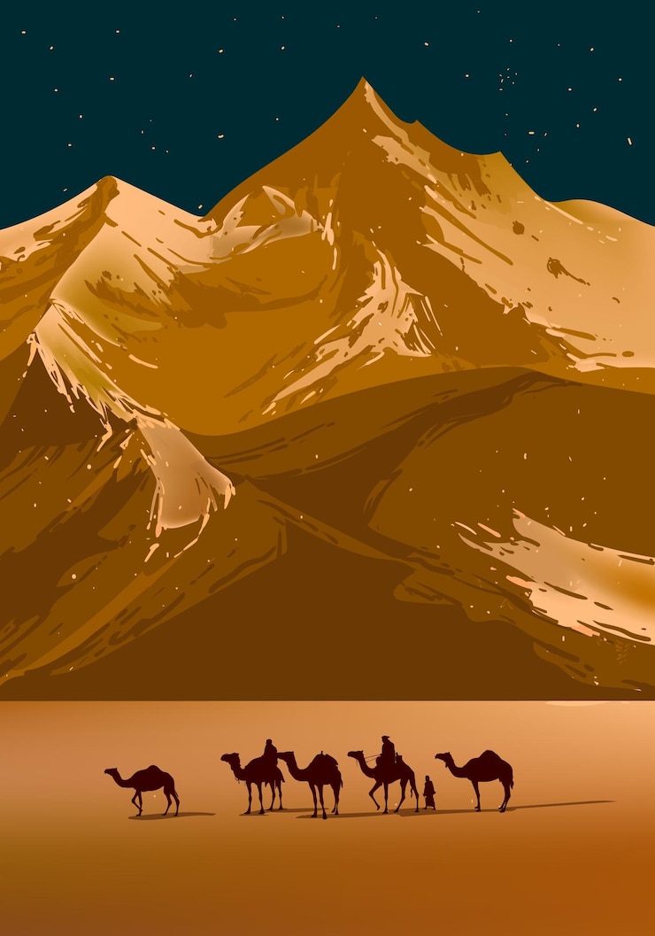 Vetor silhuetas de caravanas de camelos atravessando o deserto. ilustração de paisagem usada para design islâmico.
