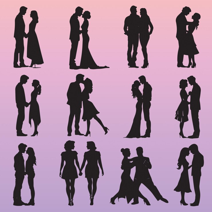 Vetor silhuetas de casais dançando romanticamente