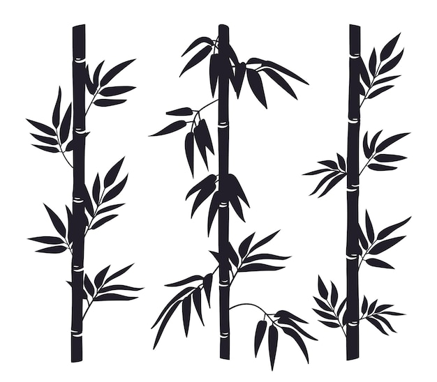 Silhuetas de caules de bambu floresta de bambu da selva caules com folhas tinta preta decorativa set de ilustração vetorial plana de bambu silhuetas de árvores de bambu