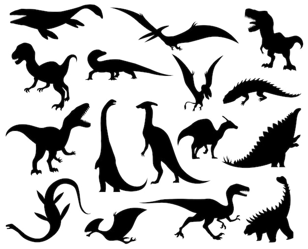 Silhuetas de coleção de dinossauros. ícones de monstros dino. monstros répteis pré-históricos. ilustração em vetor isolada em branco. conjunto de esboço. esqueletos de dinossauros desenhados à mão