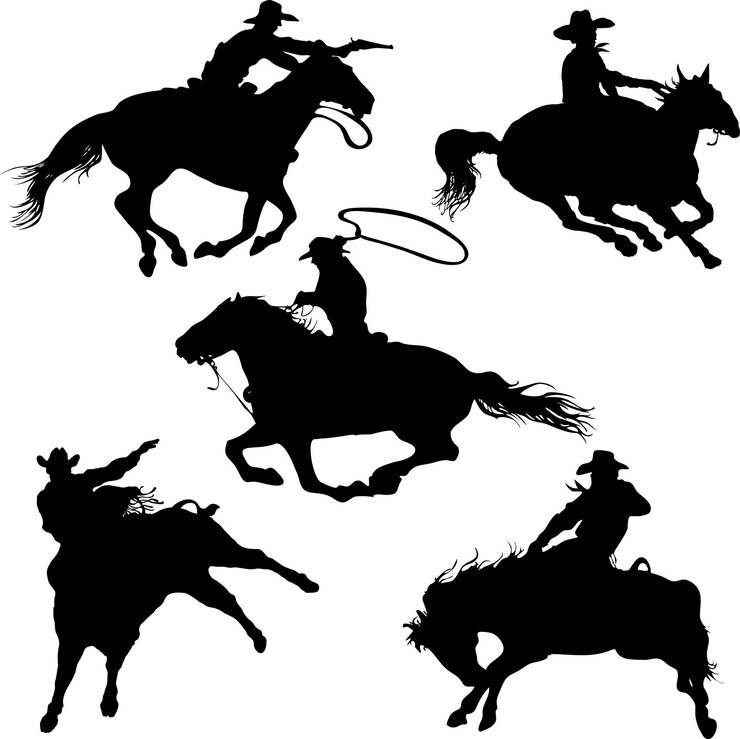 Vetor silhuetas de cowboys em um cavalo selvagem mustang rodeio américa
