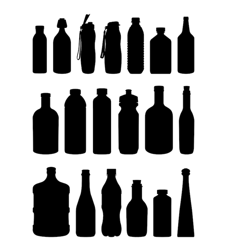Vetor silhuetas de garrafas de óleo e álcool de água
