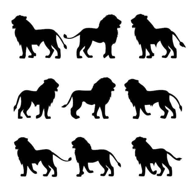 Vetor silhuetas de leão ilustração branca preta conjuntos de design de vetores